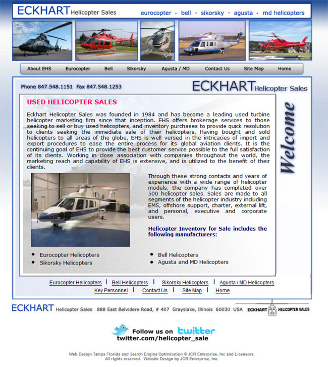 Tampa Website Design by JCR Enteprise Inc for a Helicopter Sales Company with Natural Search Engine Optimization shows numerous helicopters from Bell, Eurocopter, Sikorsky, and Agusta